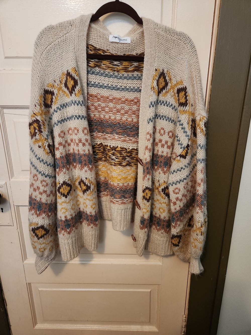 Cozy Fair Isle Open-Front Cardigan in Cream with Yellow & Blue Accents